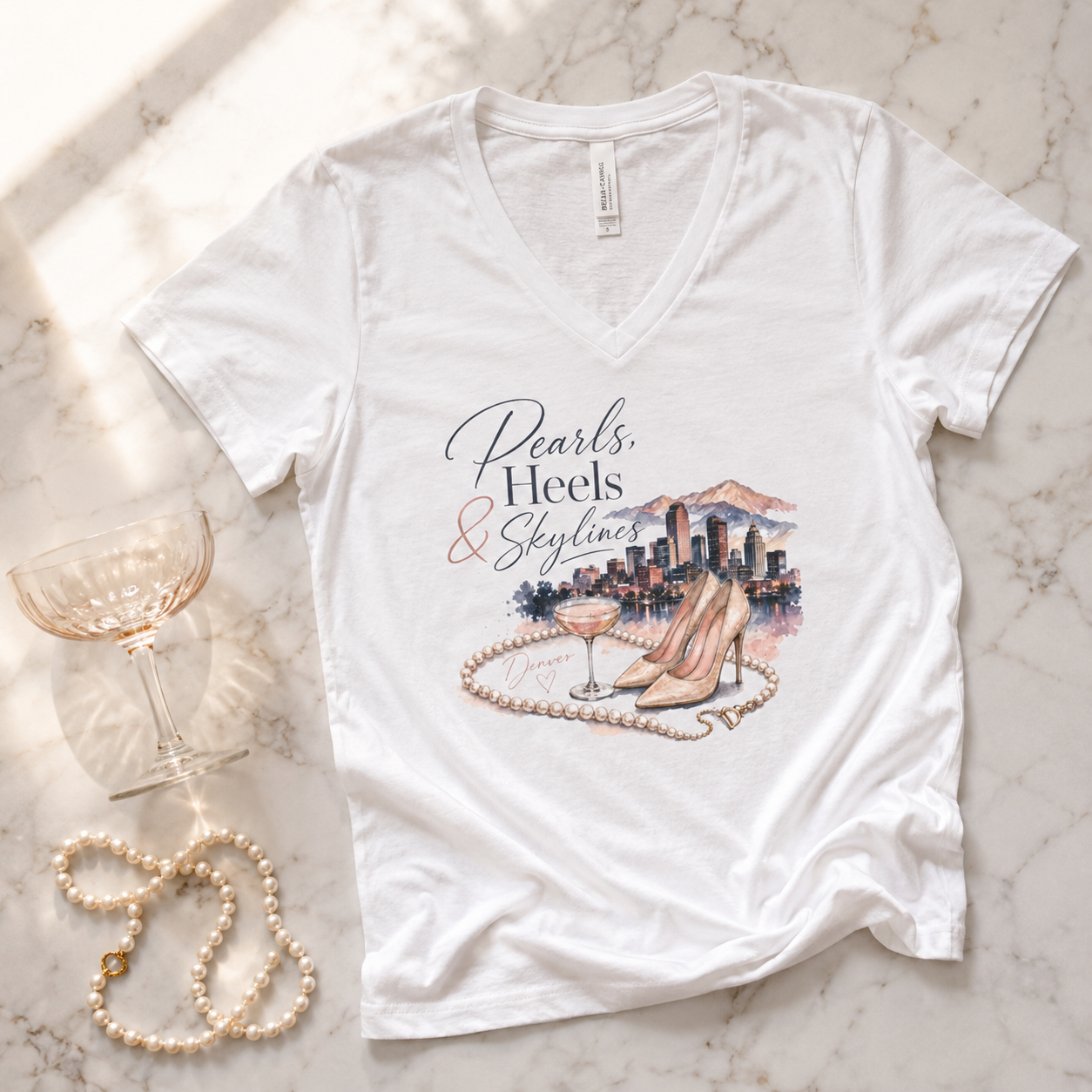 Pearls, Heels & Skylines — Denver Edition V-Neck Tee