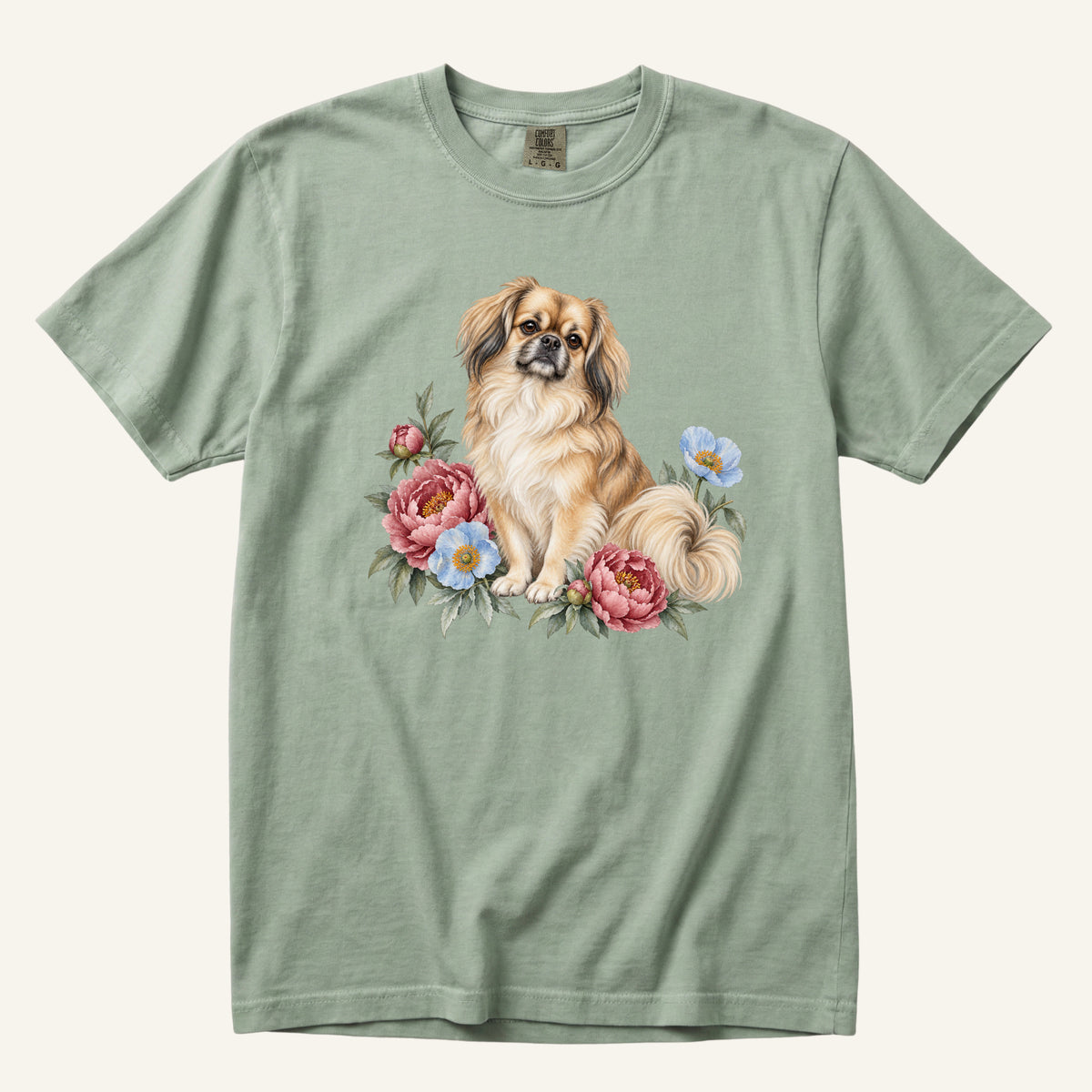 Pekingese T-Shirt in Bay — golden Pekingese with rose-pink peonies and sky-blue poppies