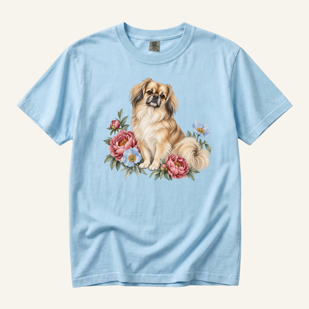 Pekingese T-Shirt in Chambray — dog lover botanical tee on heavyweight garment-dyed cotton