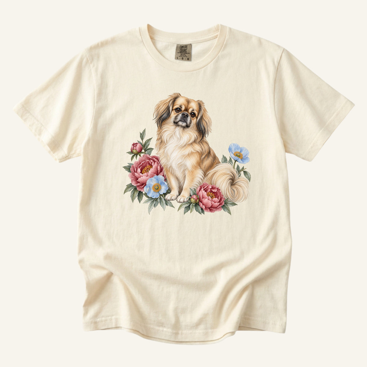 Pekingese T-Shirt in Ivory — botanical Pekingese portrait with peonies, centered front print