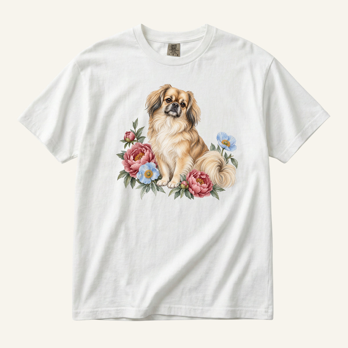 Pekingese T-Shirt in White — watercolor Pekingese and peony design, sizes S to 4XL