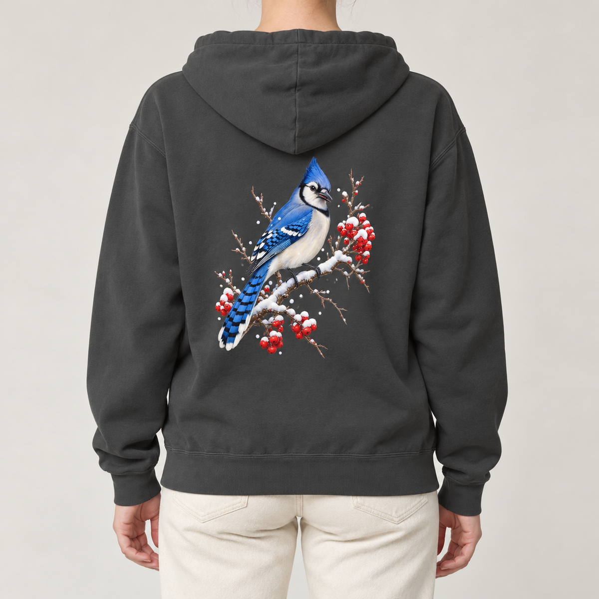 Blue Jay Winterberry hoodie in Pepper, blue jay artwork on charcoal fleece