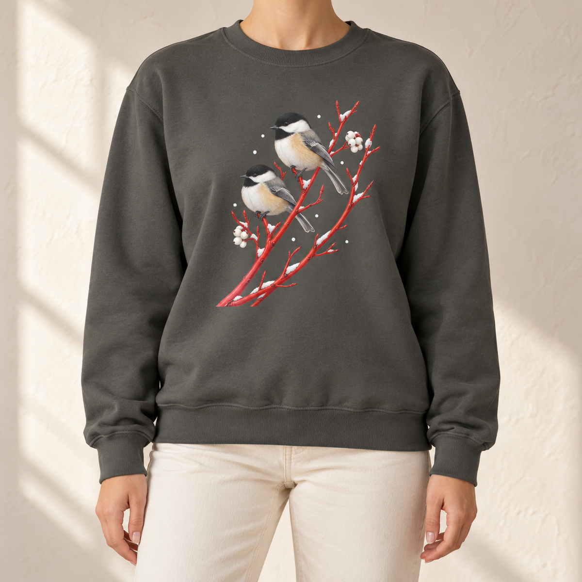 Winter Chickadees Sweatshirt in Pepper - two watercolor black-capped chickadees on snowy red-twig dogwood, printed on a garment-dyed Comfort Colors 1566 crewneck