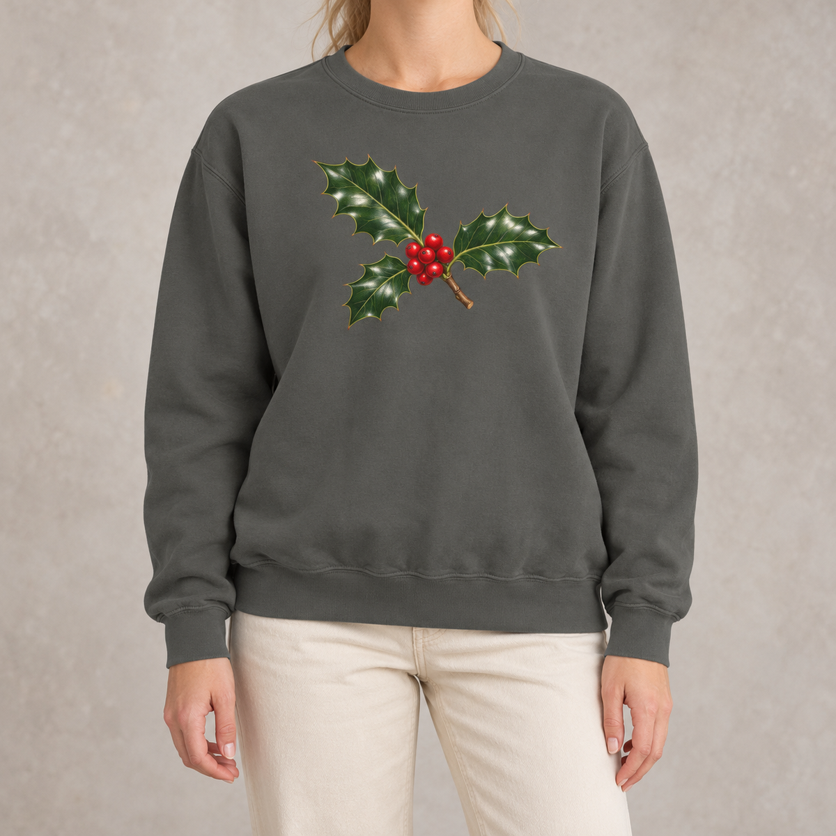 Holly sweatshirt in Pepper worn, glossy holly leaves and red berries on washed charcoal