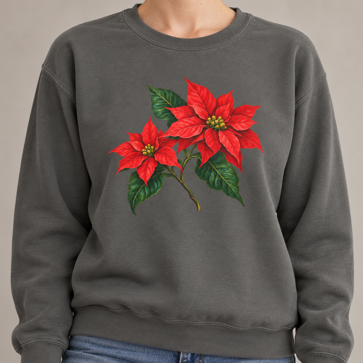 Poinsettia sweatshirt in Pepper, close view of the printed sprig