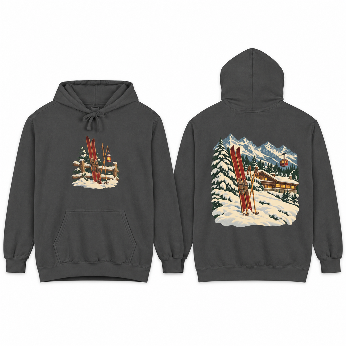 Vintage Ski Lodge hoodie in Pepper, front and back prints side by side