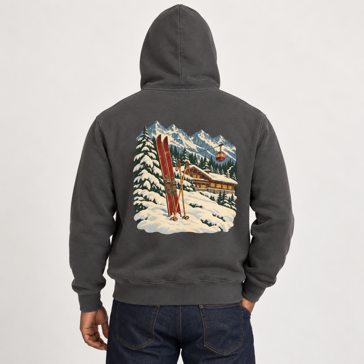 Vintage Ski Lodge hoodie in Pepper, rear view of the full back print