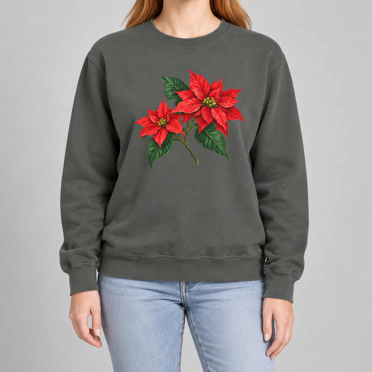 Poinsettia sweatshirt in Pepper worn, red poinsettia sprig on washed charcoal