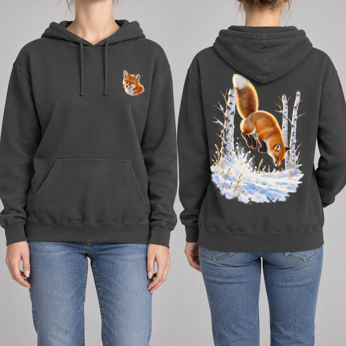 Red Fox Pounce hoodie in Pepper, front fox crest and back pounce print