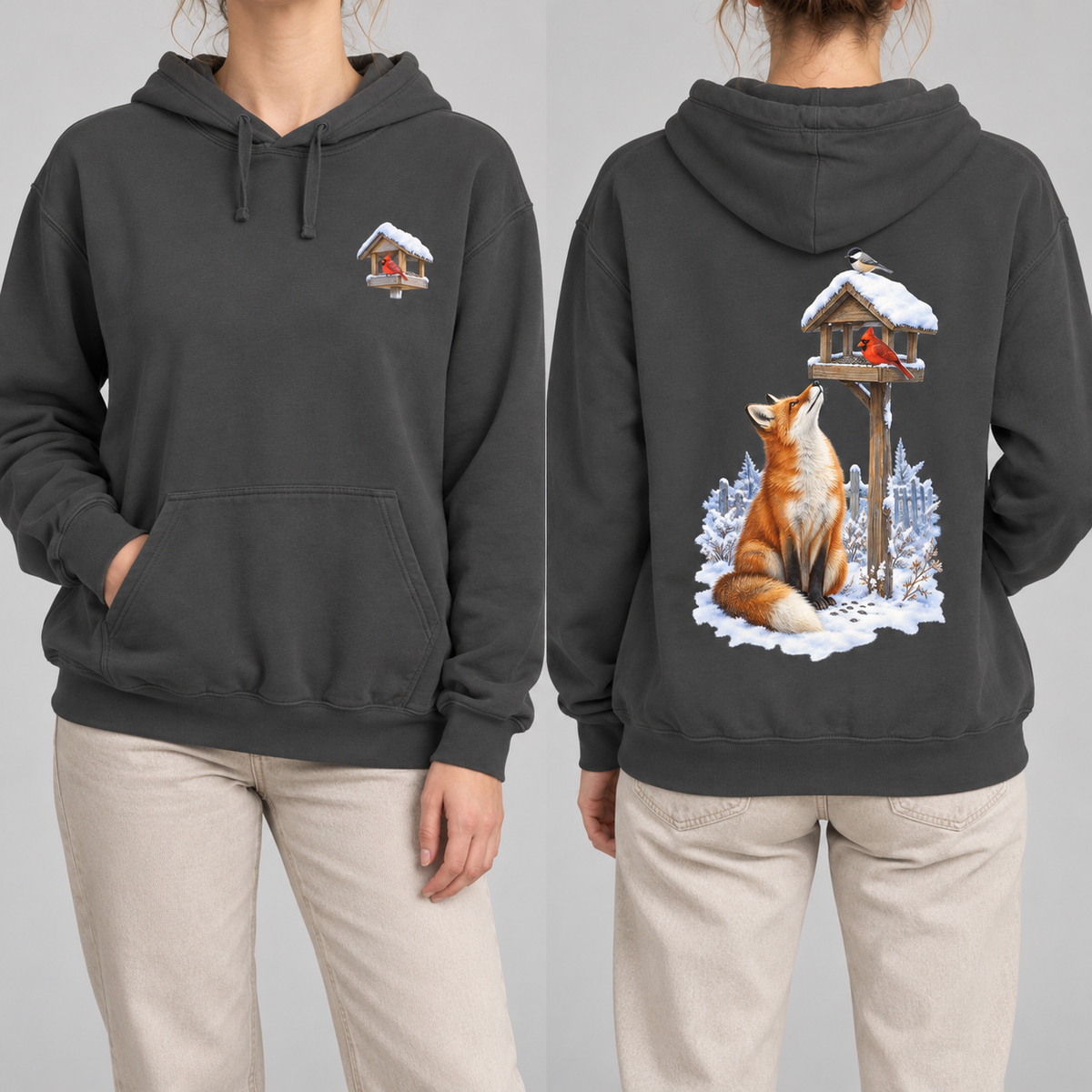 Beneath the Feeder hoodie in Pepper, front cardinal feeder crest and back fox print