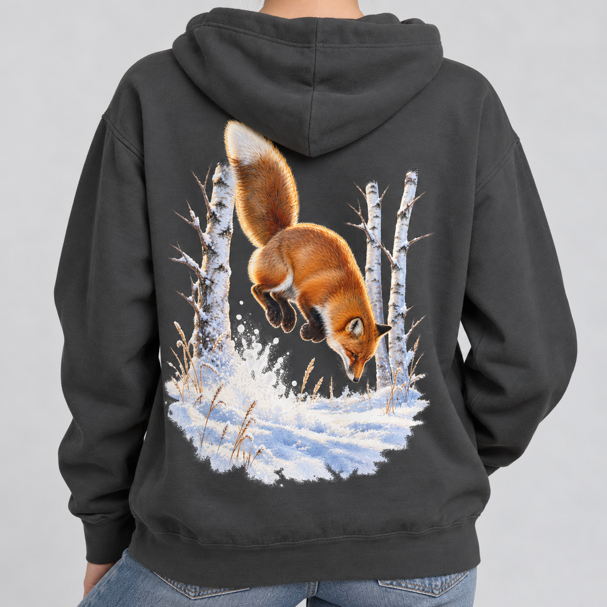 Red Fox Pounce hoodie in Pepper, back view of the pouncing red fox in snow