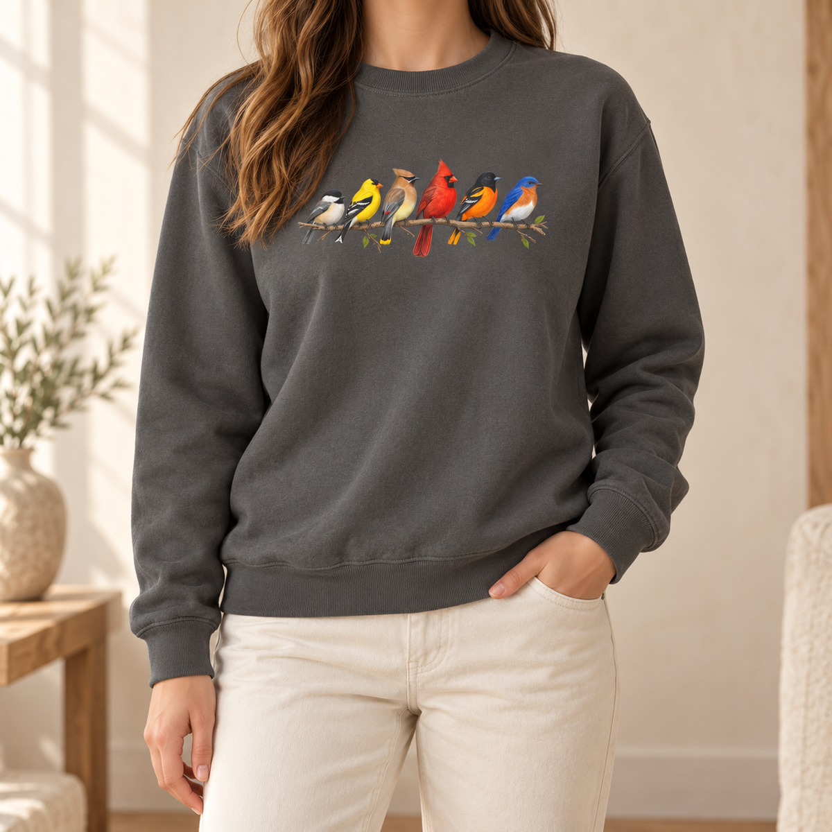 Colorful Birds on Branches sweatshirt in Pepper — six painted songbirds on one branch: chickadee, goldfinch, cedar waxwing, northern cardinal, Baltimore oriole and eastern bluebird, on a garment-dyed Comfort Colors crewneck