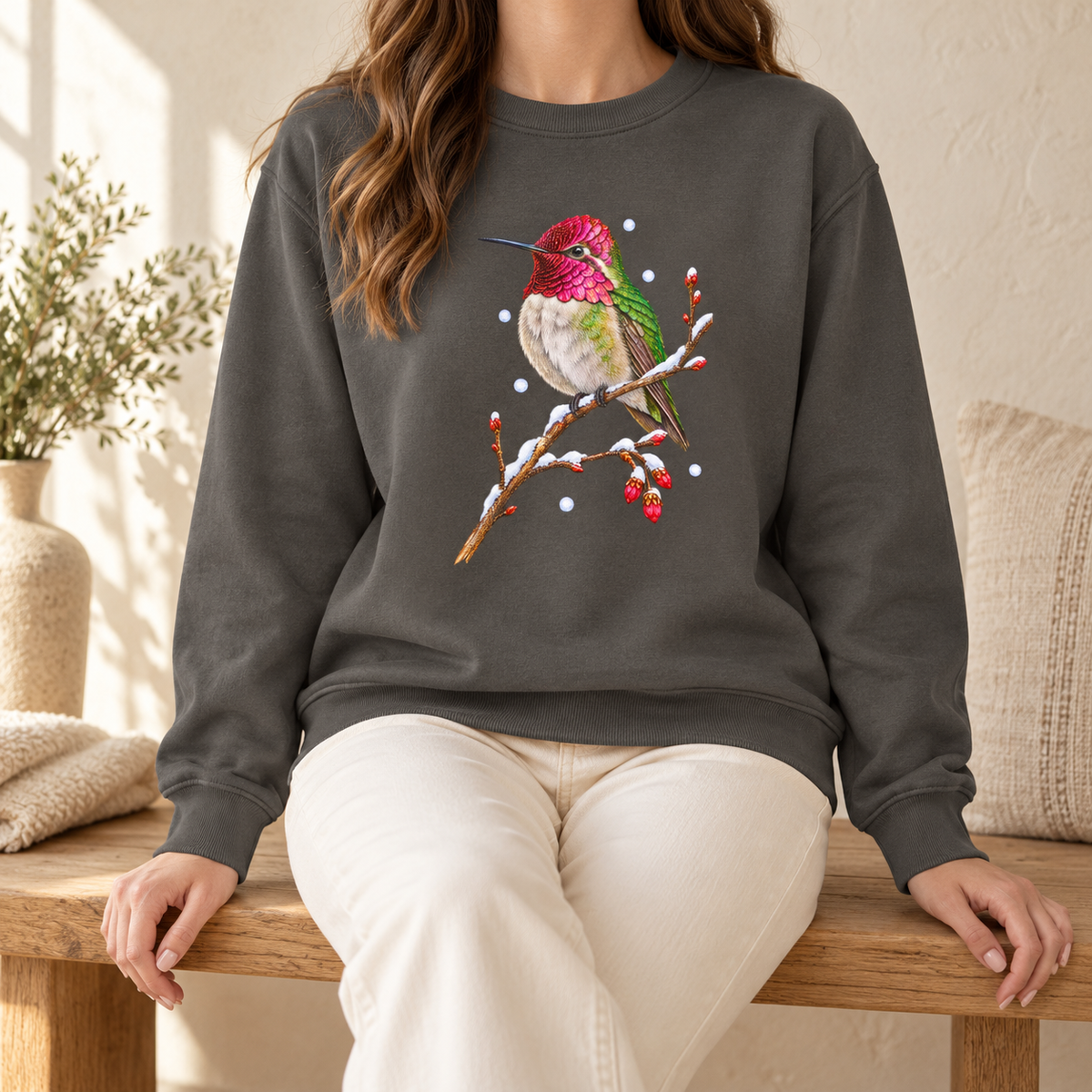 Winter Hummingbird Sweatshirt in Pepper - a watercolor Anna's hummingbird with a magenta head perched on a snowy twig, printed on a garment-dyed Comfort Colors 1566 crewneck
