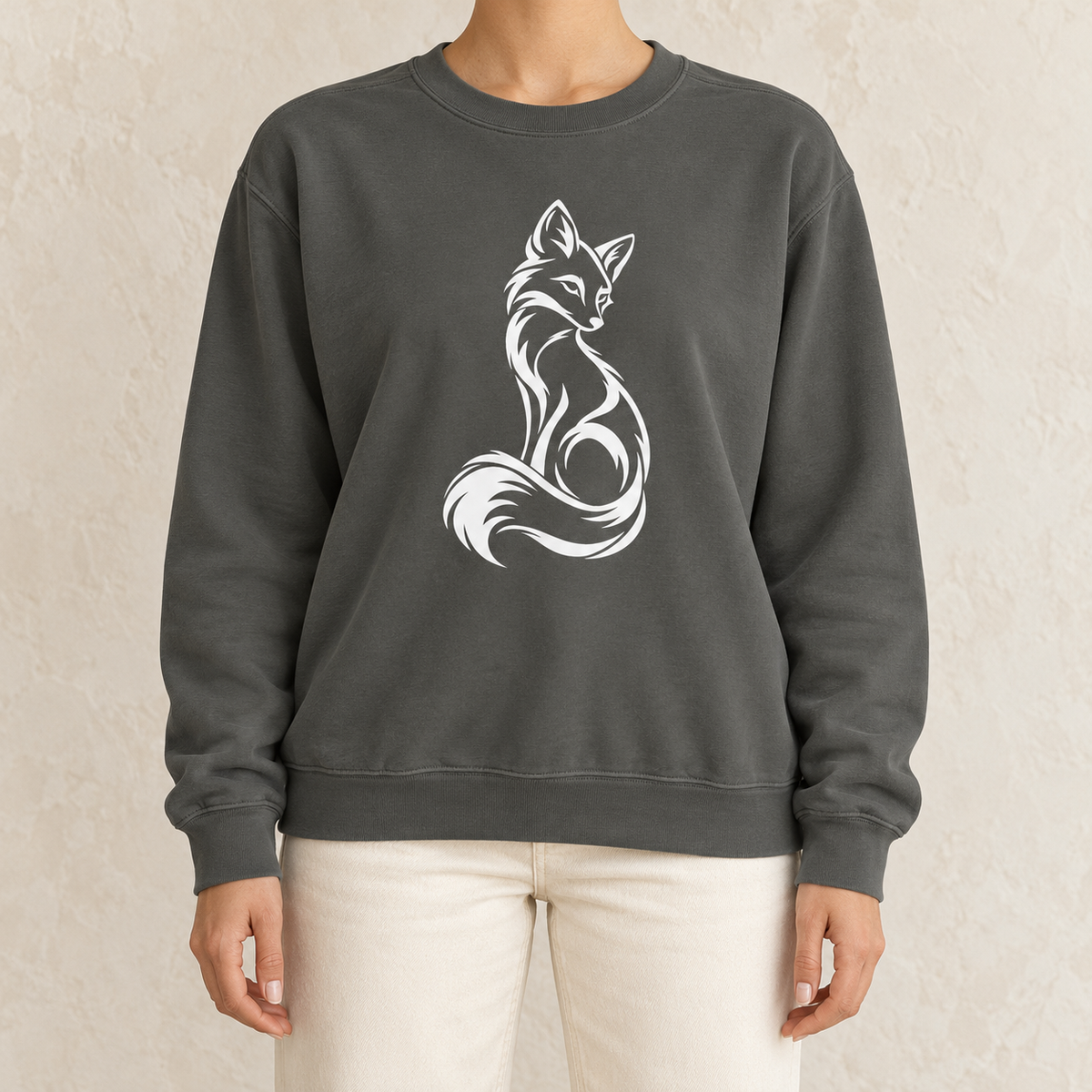 Elegant Seated Fox Linework Sweatshirt in Pepper - white line-art fox on a washed black garment-dyed Comfort Colors crewneck