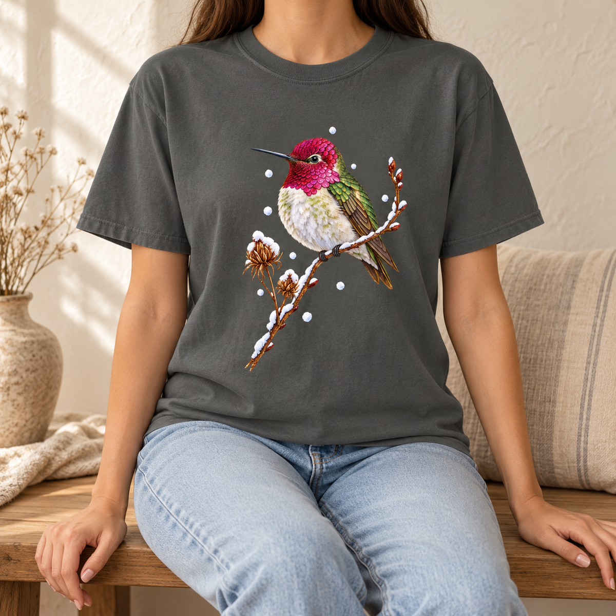 Winter Hummingbird T-Shirt in Pepper - a watercolor Anna's hummingbird with a magenta head perched on a snowy twig, printed on a garment-dyed Comfort Colors 1717 cotton tee