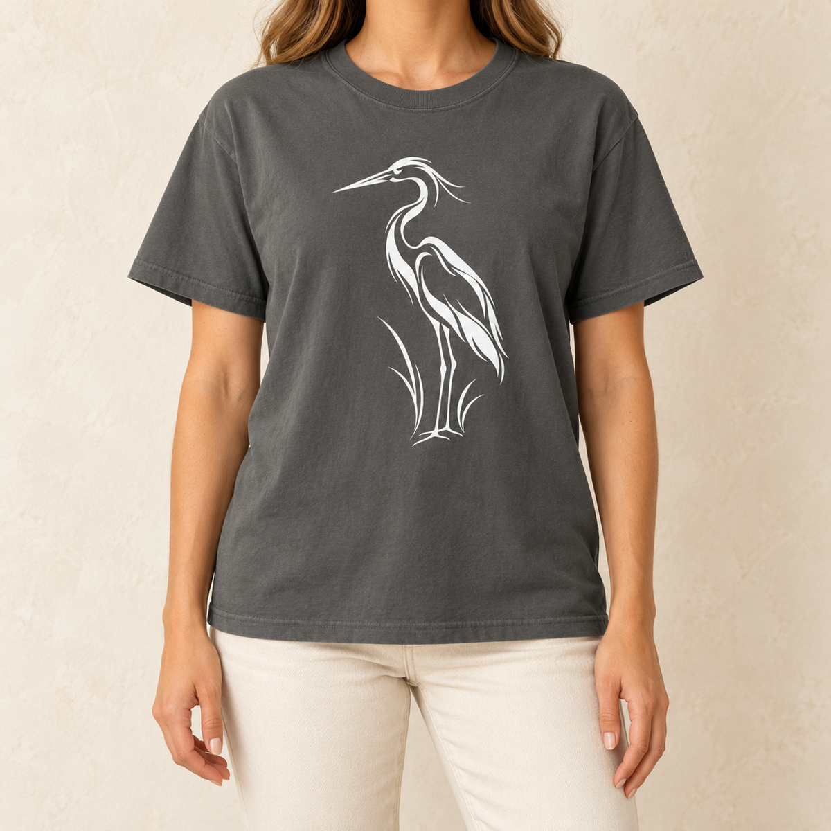 Flowing Great Blue Heron T-Shirt in Pepper — white line-art heron on a garment-dyed Comfort Colors tee