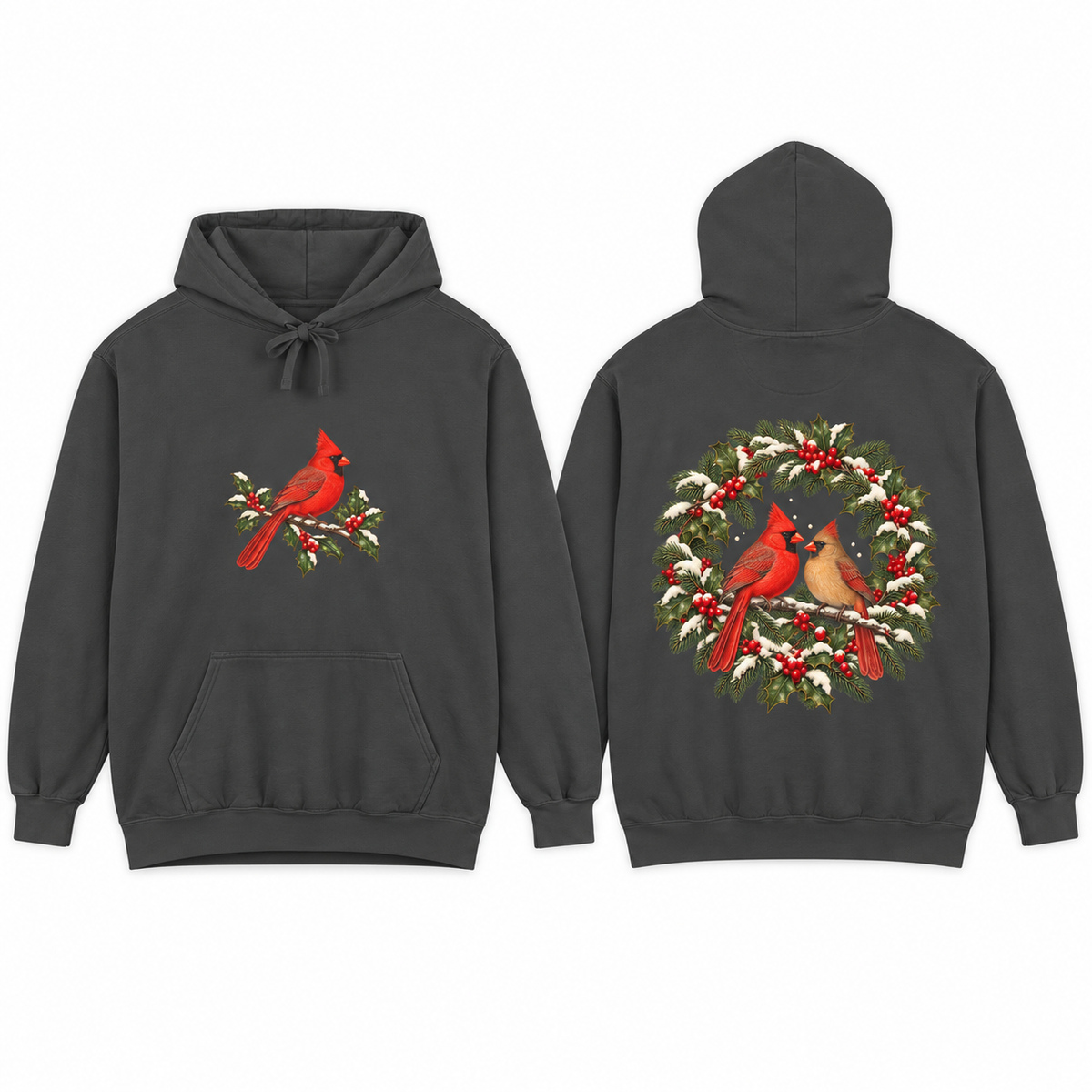 Winter Cardinal hoodie in Pepper, front and back prints side by side
