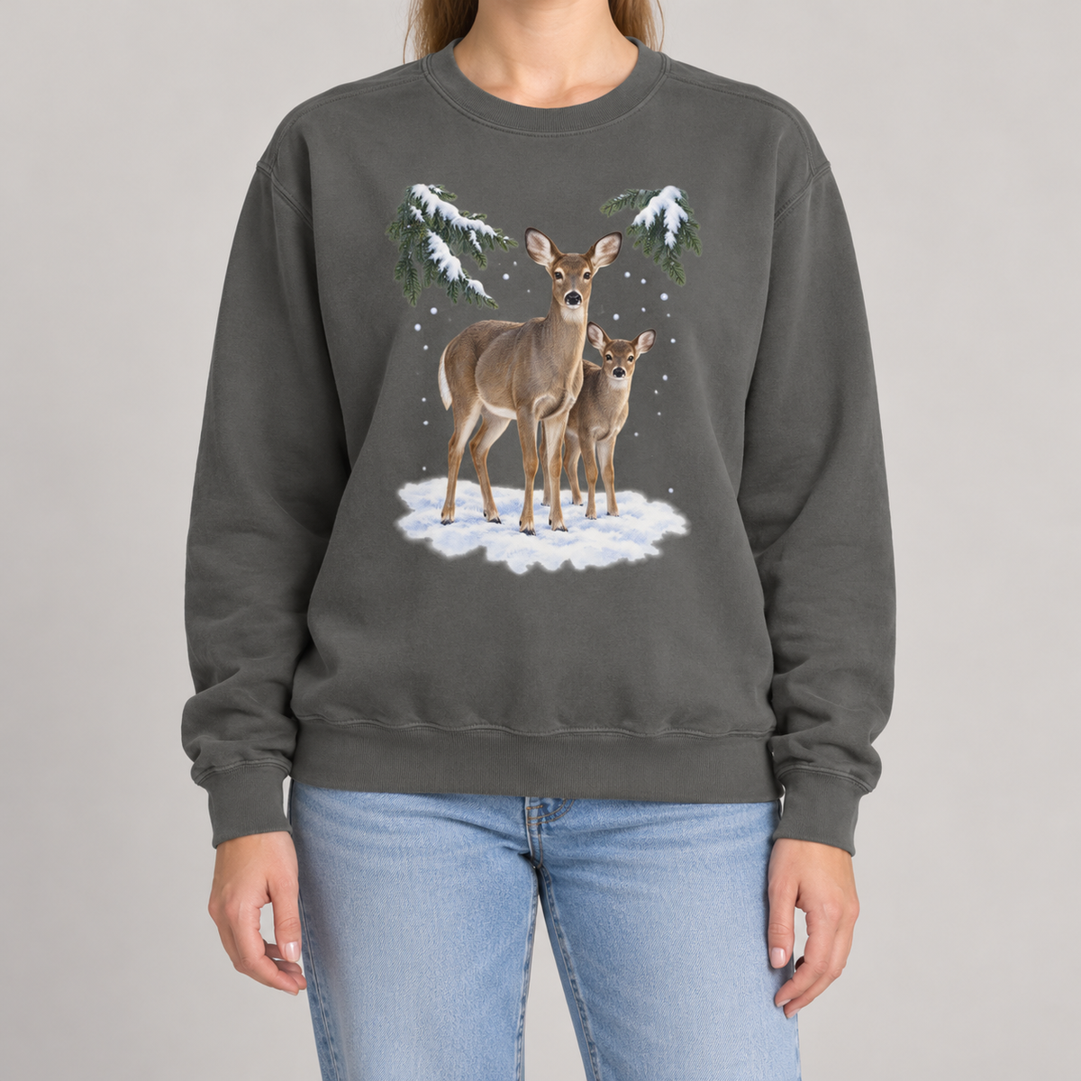 Winter Deer sweatshirt in Pepper, worn, doe and fawn in the snow print on charcoal fleece