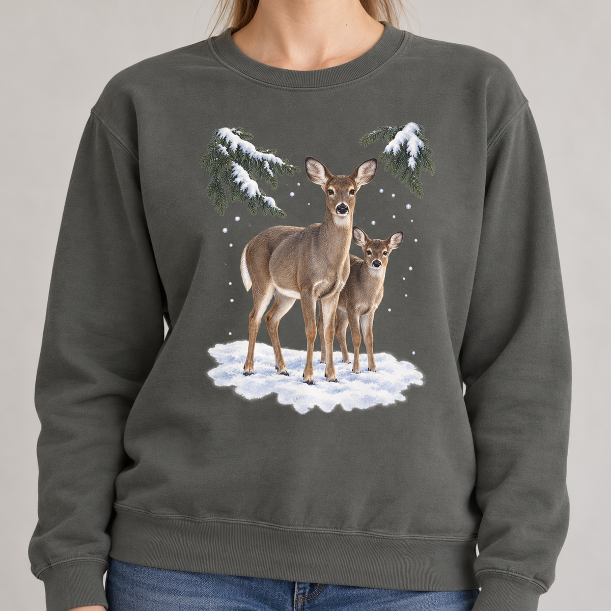 Winter Deer sweatshirt in Pepper, doe and fawn in the snow watercolor print