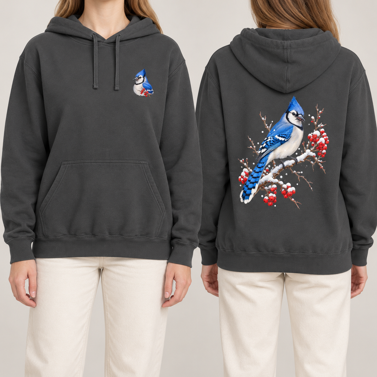 Blue Jay Winterberry hoodie in Pepper, front blue jay crest and back print