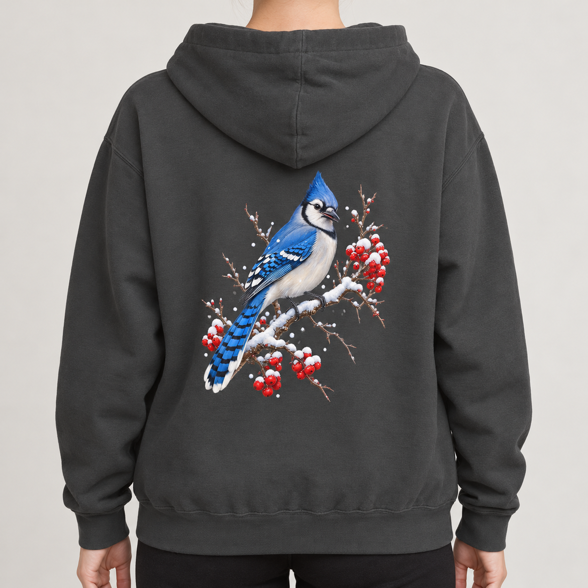 Blue Jay Winterberry hoodie in Pepper, worn, back view of the blue jay and winterberry print