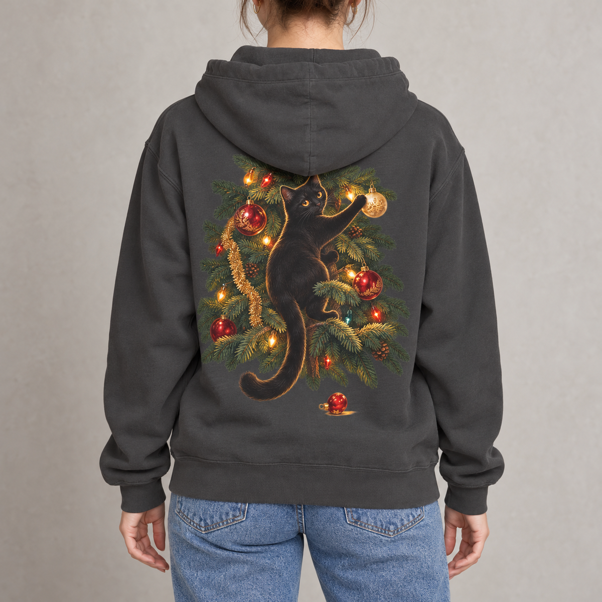 Black Cat Christmas hoodie in Pepper worn, close view of the back print