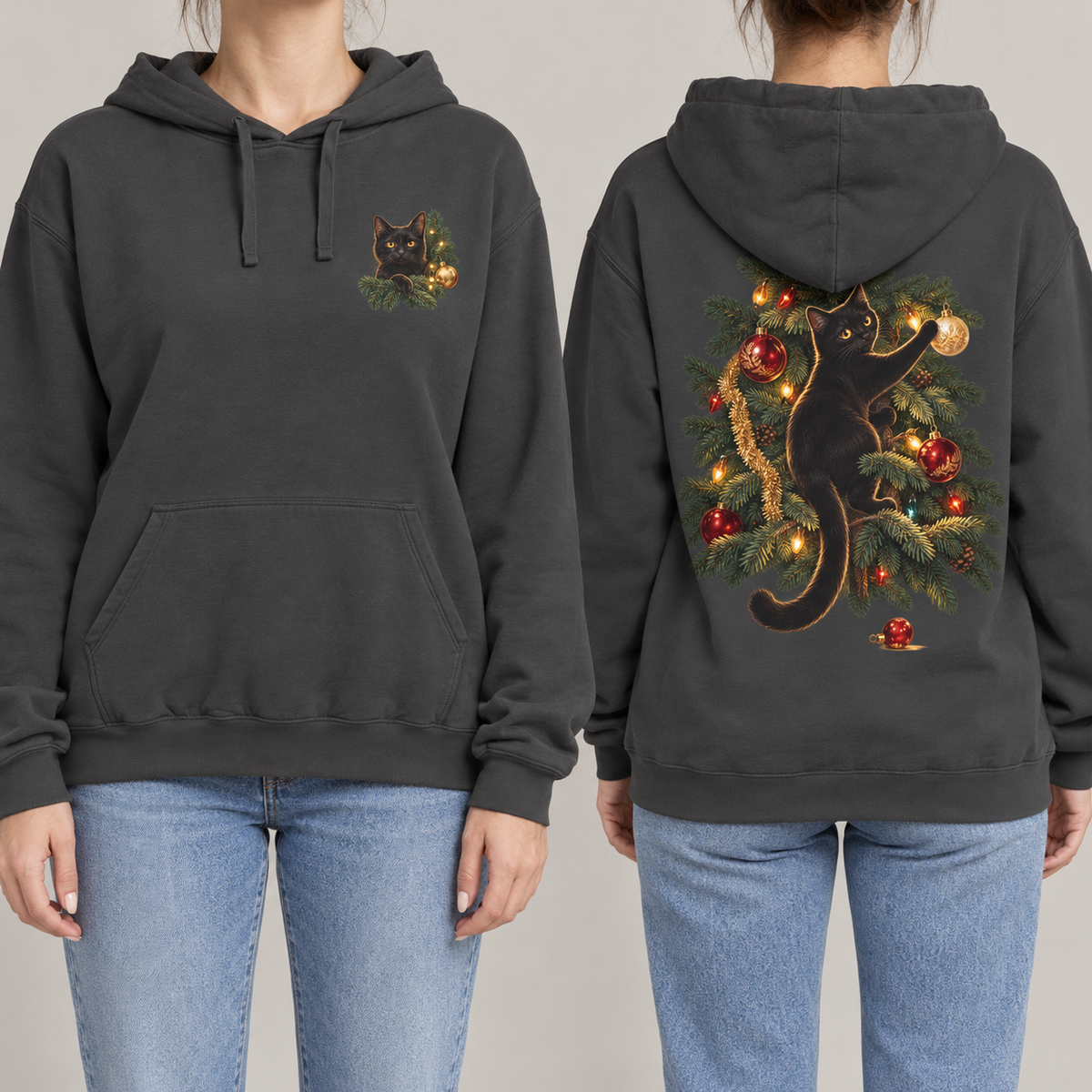 Black Cat Christmas hoodie in Pepper, front crest and back scene shown side by side