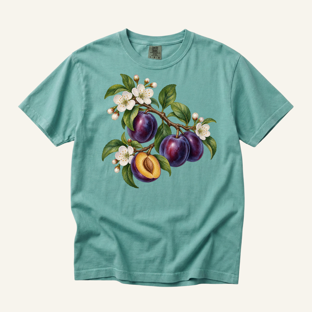 Plum & Plum Blossom T-Shirt in Chalky Mint — vintage botanical plum illustration, centered front print