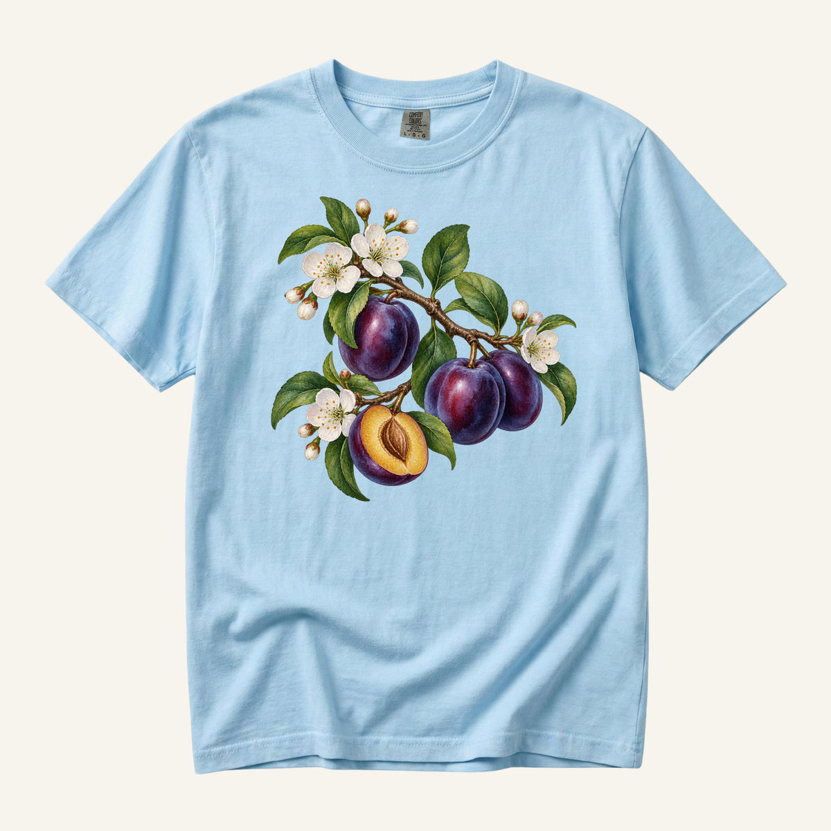 Plum & Plum Blossom T-Shirt in Chambray — a gardener gift on garment-dyed cotton