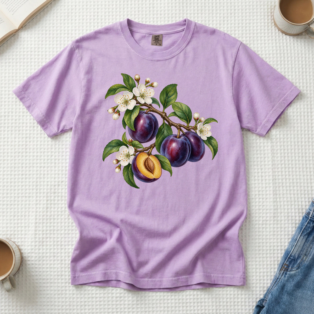 Plum & Plum Blossom T-Shirt in Orchid — plums and blossom with glossy leaves, sizes S to 4XL