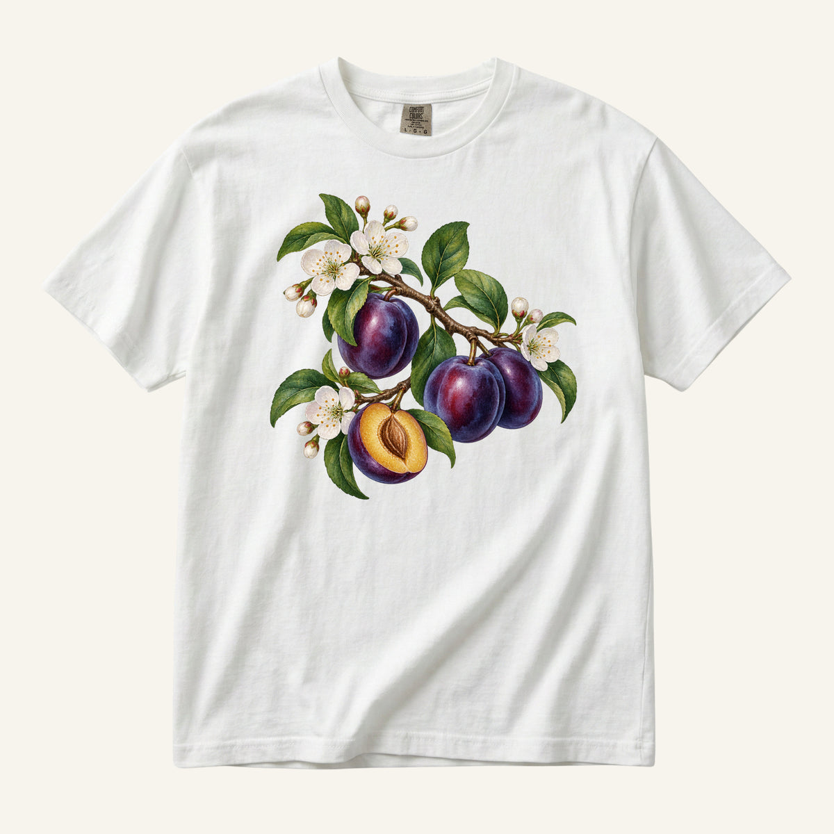 Plum & Plum Blossom T-Shirt in White — ripe purple plums, white blossoms and a sliced fruit