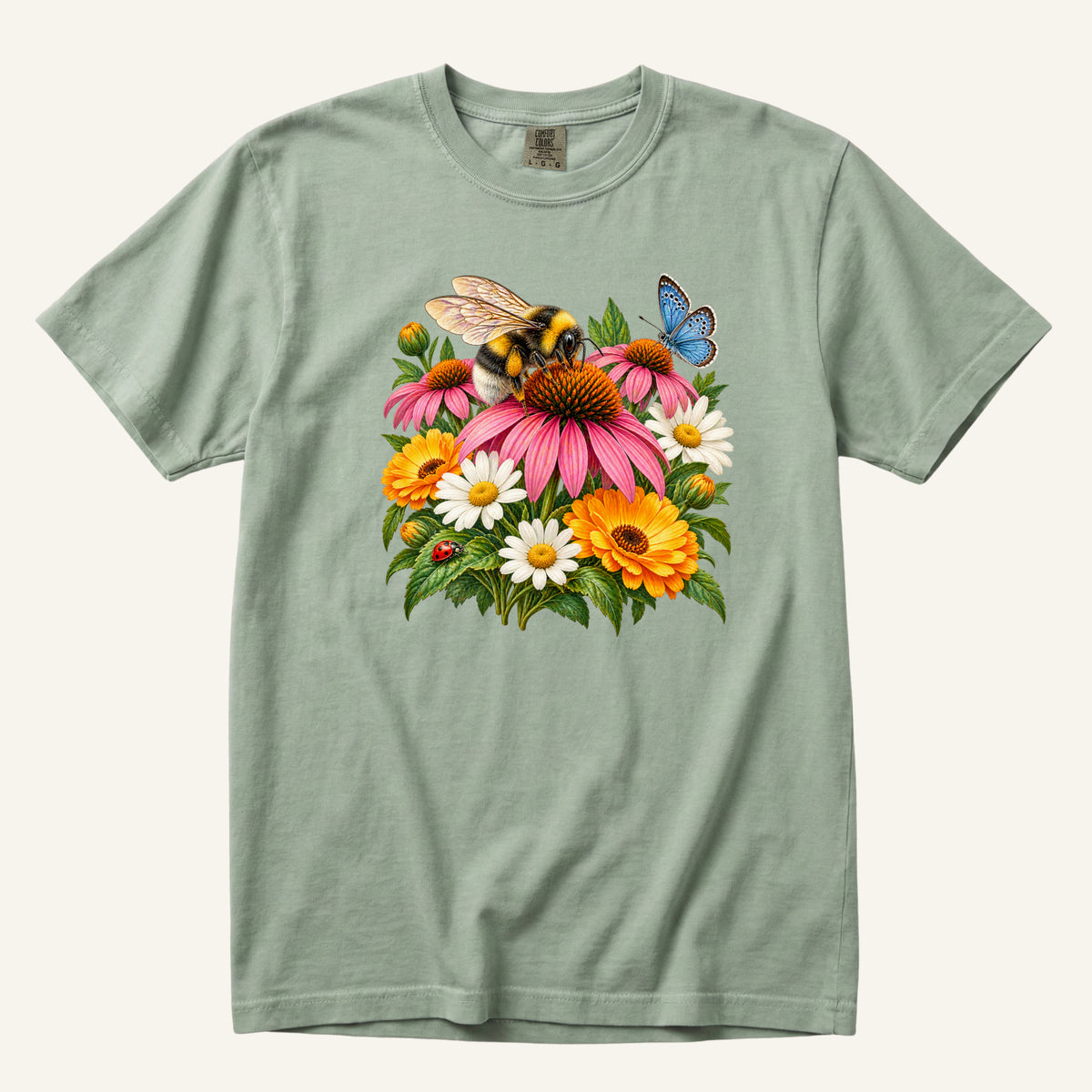 Pollinator Garden T-Shirt in Bay - bumblebee, pink coneflower, white daisies, orange blooms, blue butterfly and ladybug, front-centered print on garment-dyed cotton
