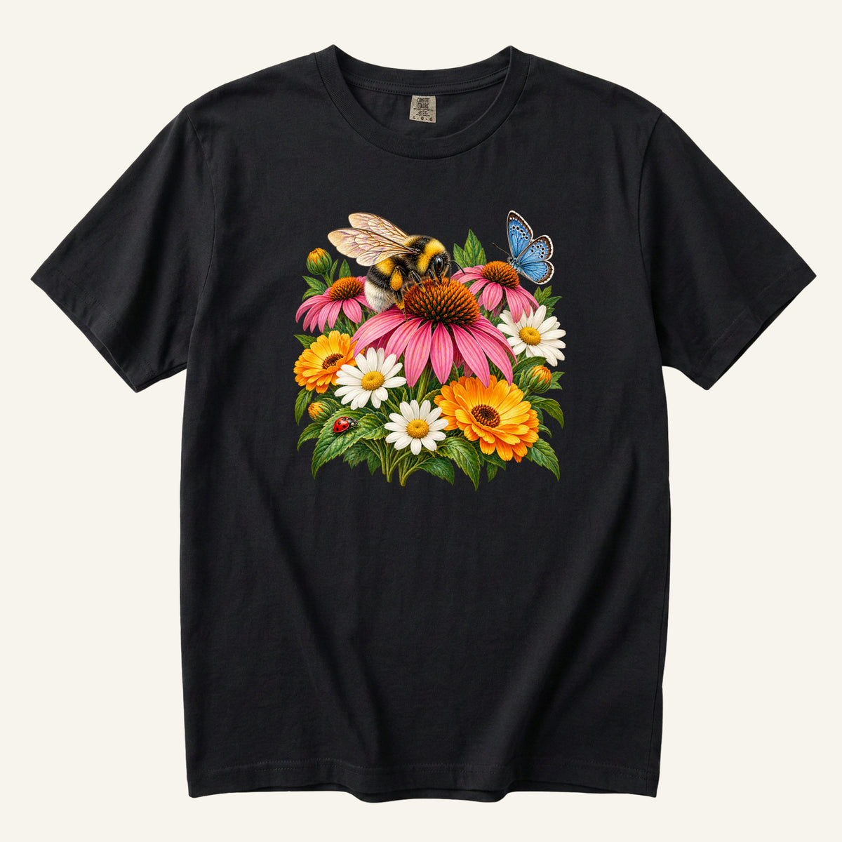 Pollinator Garden T-Shirt in Black - bumblebee, pink coneflower, white daisies, orange blooms, blue butterfly and ladybug, front-centered print on garment-dyed cotton