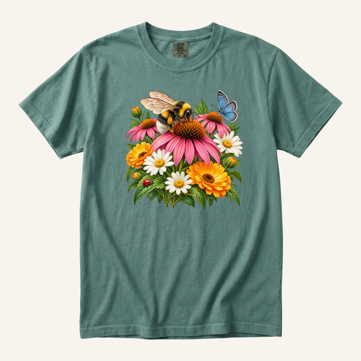 Pollinator Garden T-Shirt in Blue Spruce - bumblebee, pink coneflower, white daisies, orange blooms, blue butterfly and ladybug, front-centered print on garment-dyed cotton
