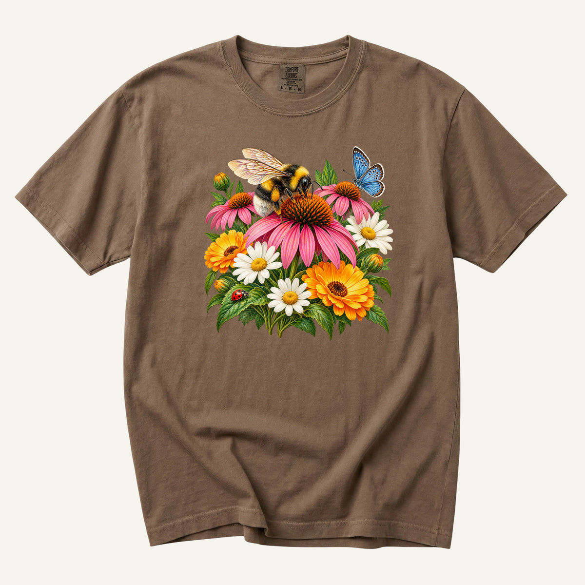 Pollinator Garden T-Shirt in Espresso - bumblebee, pink coneflower, white daisies, orange blooms, blue butterfly and ladybug, front-centered print on garment-dyed cotton