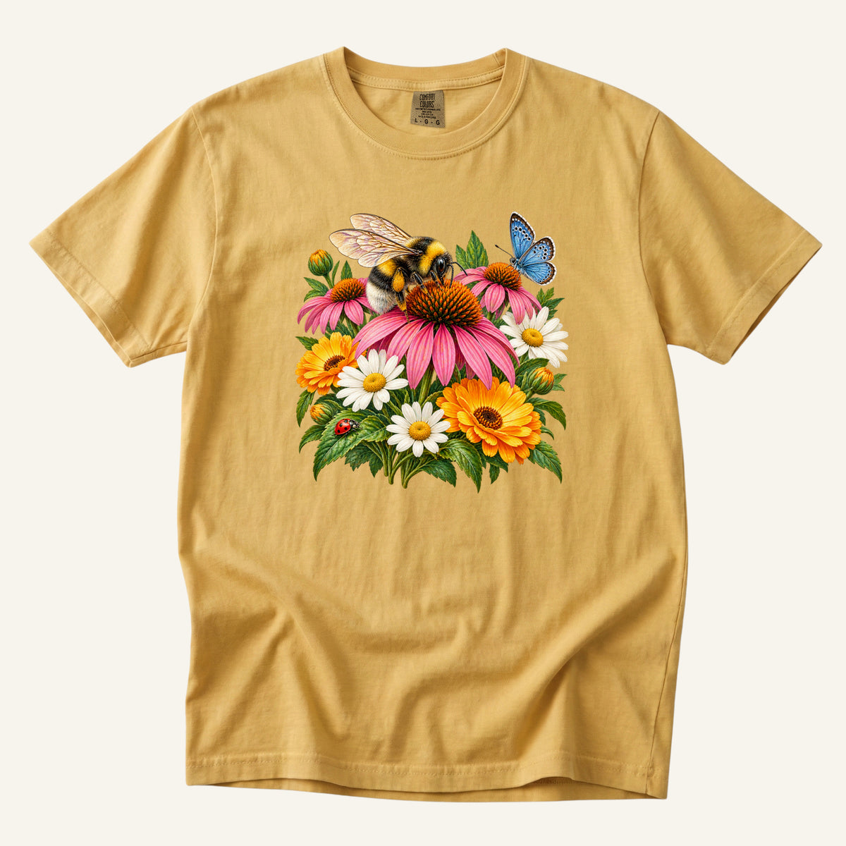 Pollinator Garden T-Shirt in Mustard - bumblebee, pink coneflower, white daisies, orange blooms, blue butterfly and ladybug, front-centered print on garment-dyed cotton