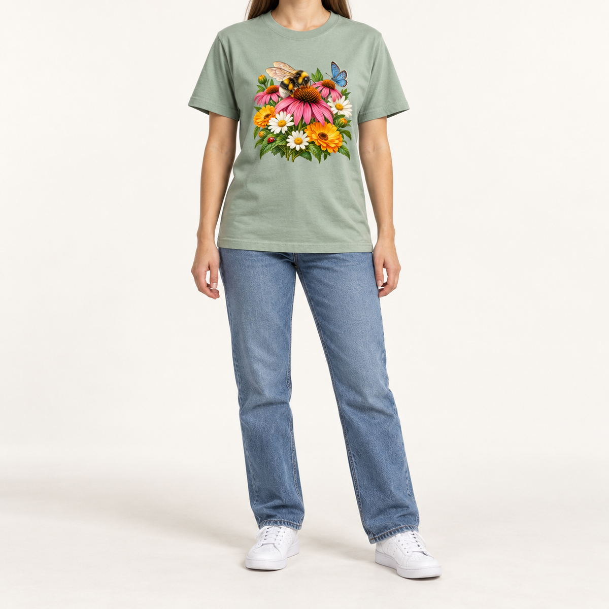 The Bay Pollinator Garden tee worn, showing the bumblebee and coneflower print centered on the chest