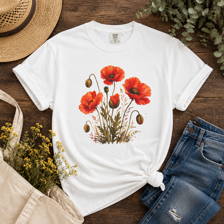 Poppies at Dusk tee in White — a stand of scarlet poppies with nodding buds and feathery foliage in soft watercolor on garment-dyed cotton