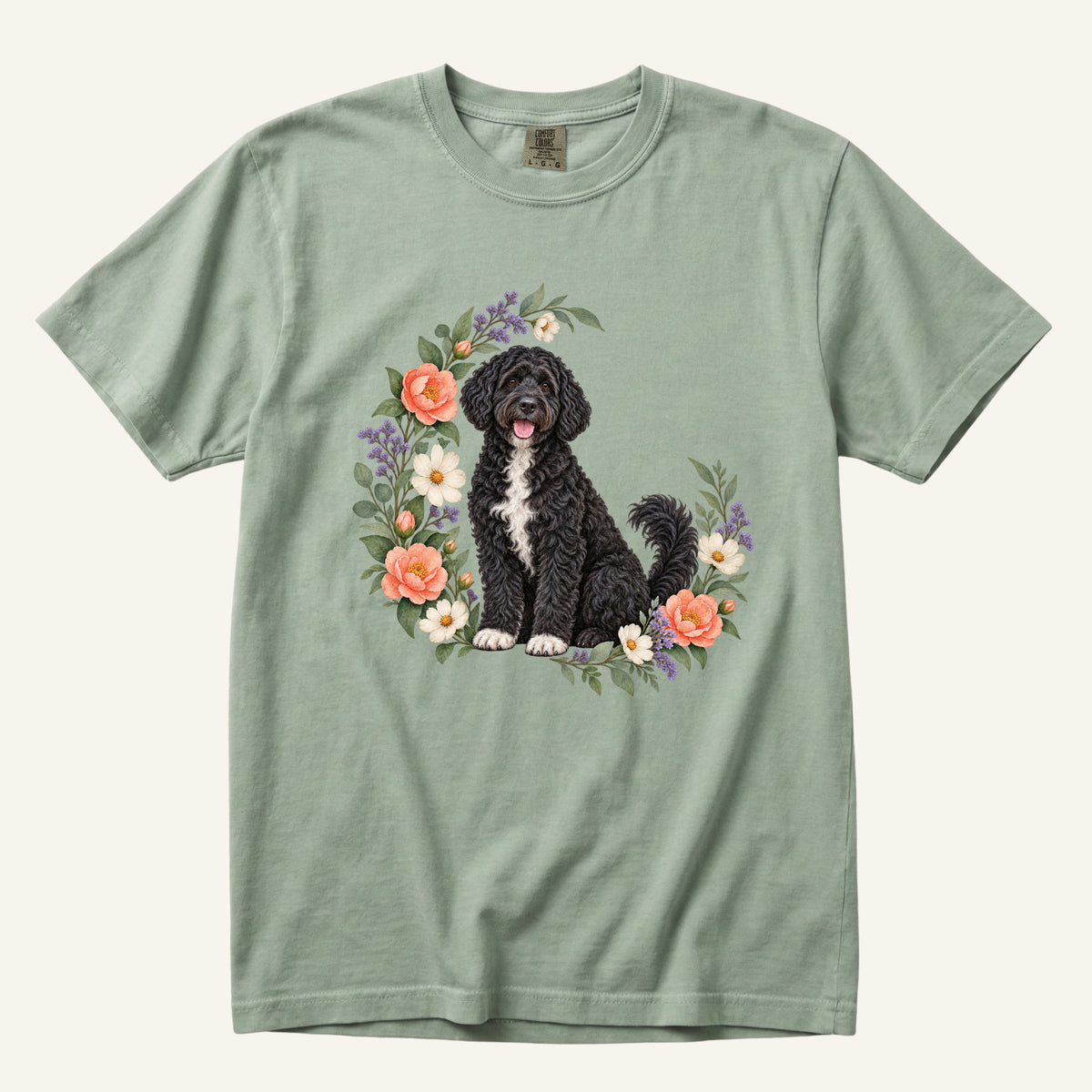 Portuguese Water Dog T-Shirt in Bay — curly black dog and camellia watercolor artwork