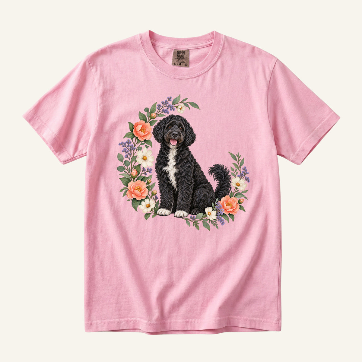 Portuguese Water Dog T-Shirt in Blossom — dog lover botanical tee on heavyweight garment-dyed cotton