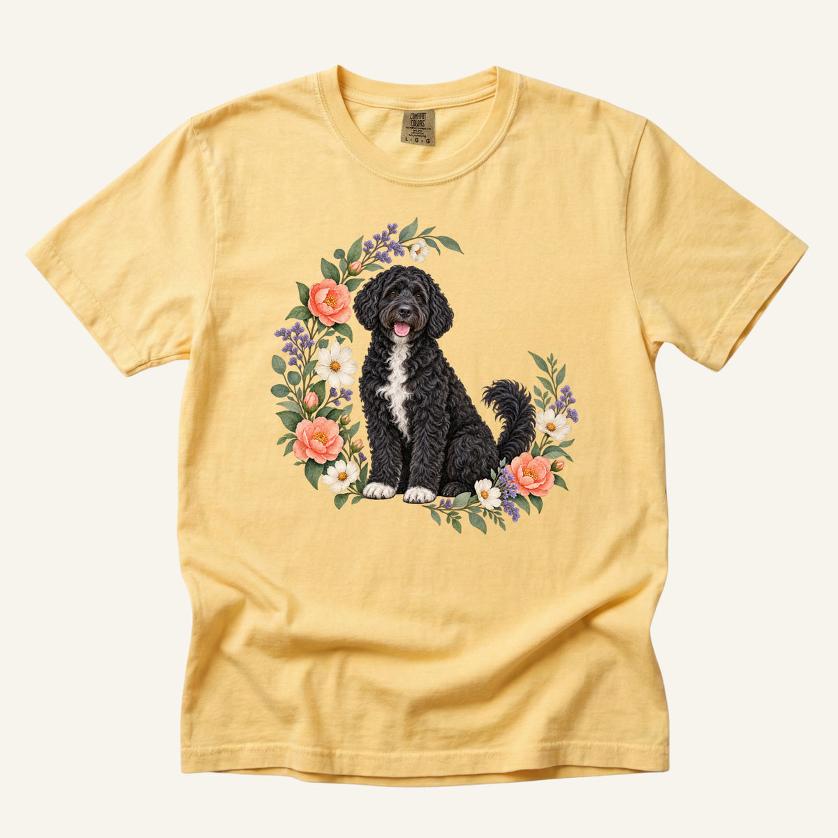 Portuguese Water Dog T-Shirt in Butter — botanical working dog portrait with camellias, front print