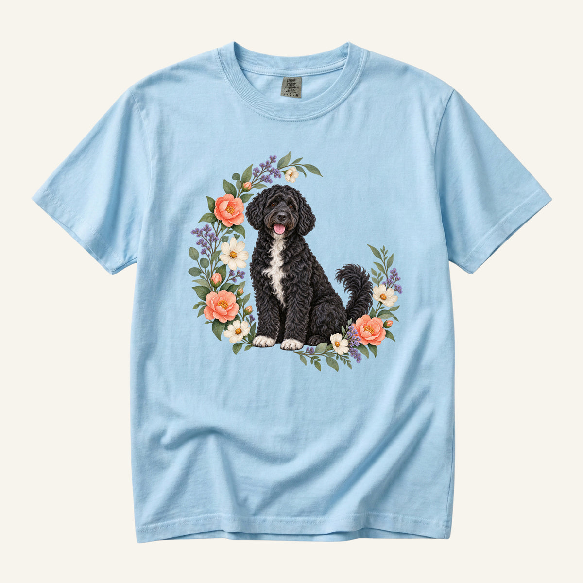 Portuguese Water Dog T-Shirt in Chambray — Portuguese water dog with camellia garden design