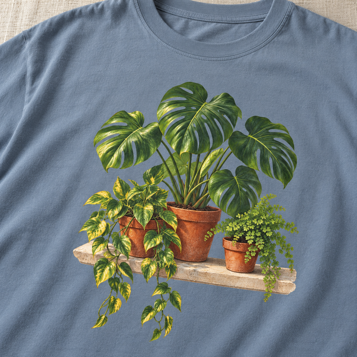 Houseplant t-shirt in Blue Jean – flat view of the potted botanical print on a washed-blue garment-dyed Comfort Colors tee