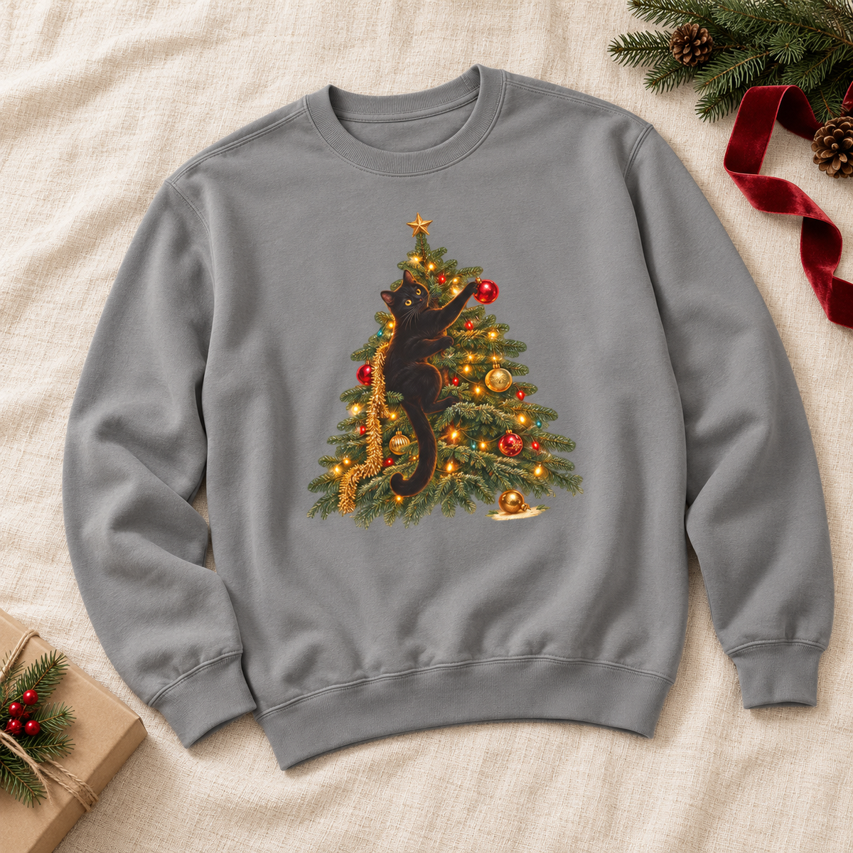 Black cat Christmas sweatshirt folded with holiday greenery – heavyweight Comfort Colors 1566 fleece with the cat climbing the Christmas tree graphic