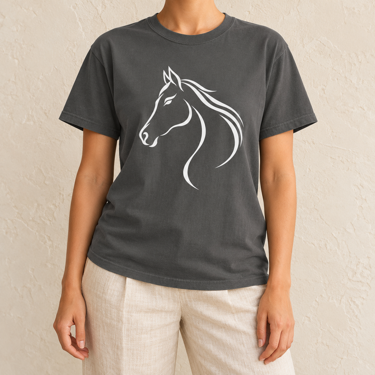 Flowing White Horse Profile T-Shirt in Pepper - white line-art horse head on a washed black garment-dyed tee