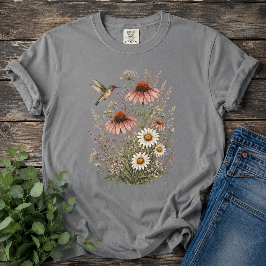 Hummingbird and Coneflowers wildflower tee — a hummingbird holding still beside a stand of pink coneflowers on garment-dyed cotton