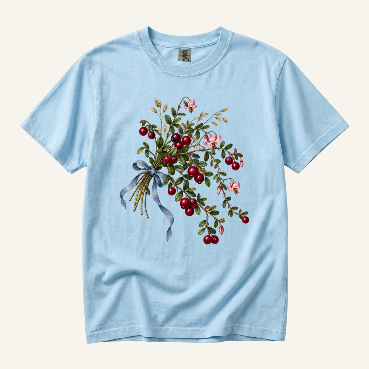 Red Berry & Blue Ribbon T-Shirt in Chambray — the blue ribbon against soft blue garment-dyed cotton