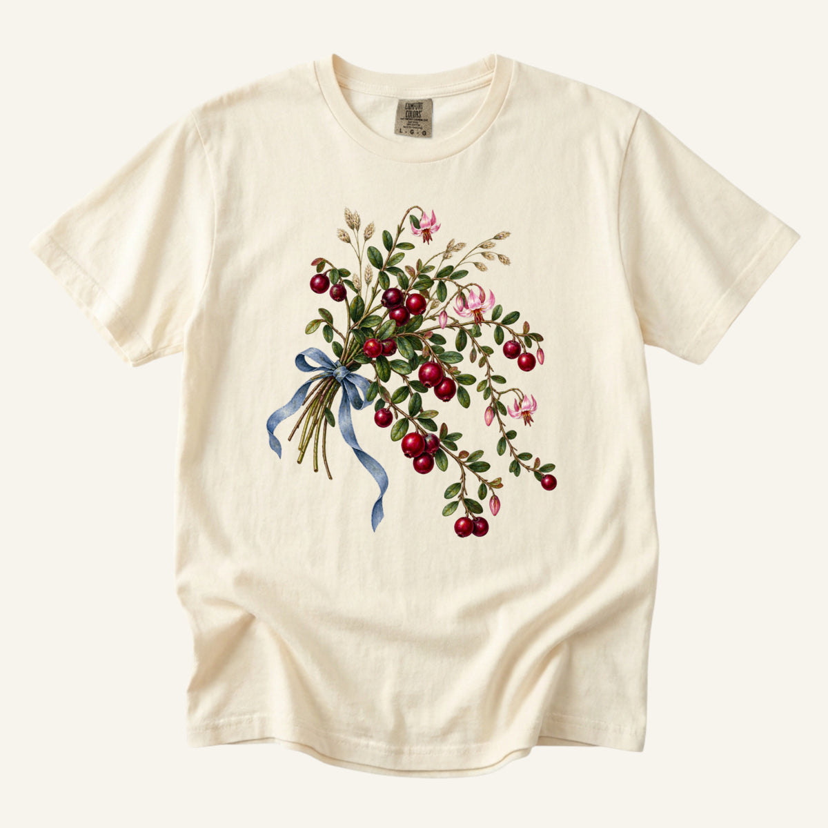 Red Berry & Blue Ribbon T-Shirt in Ivory — red berries and pink blossoms tied with a dusty blue ribbon