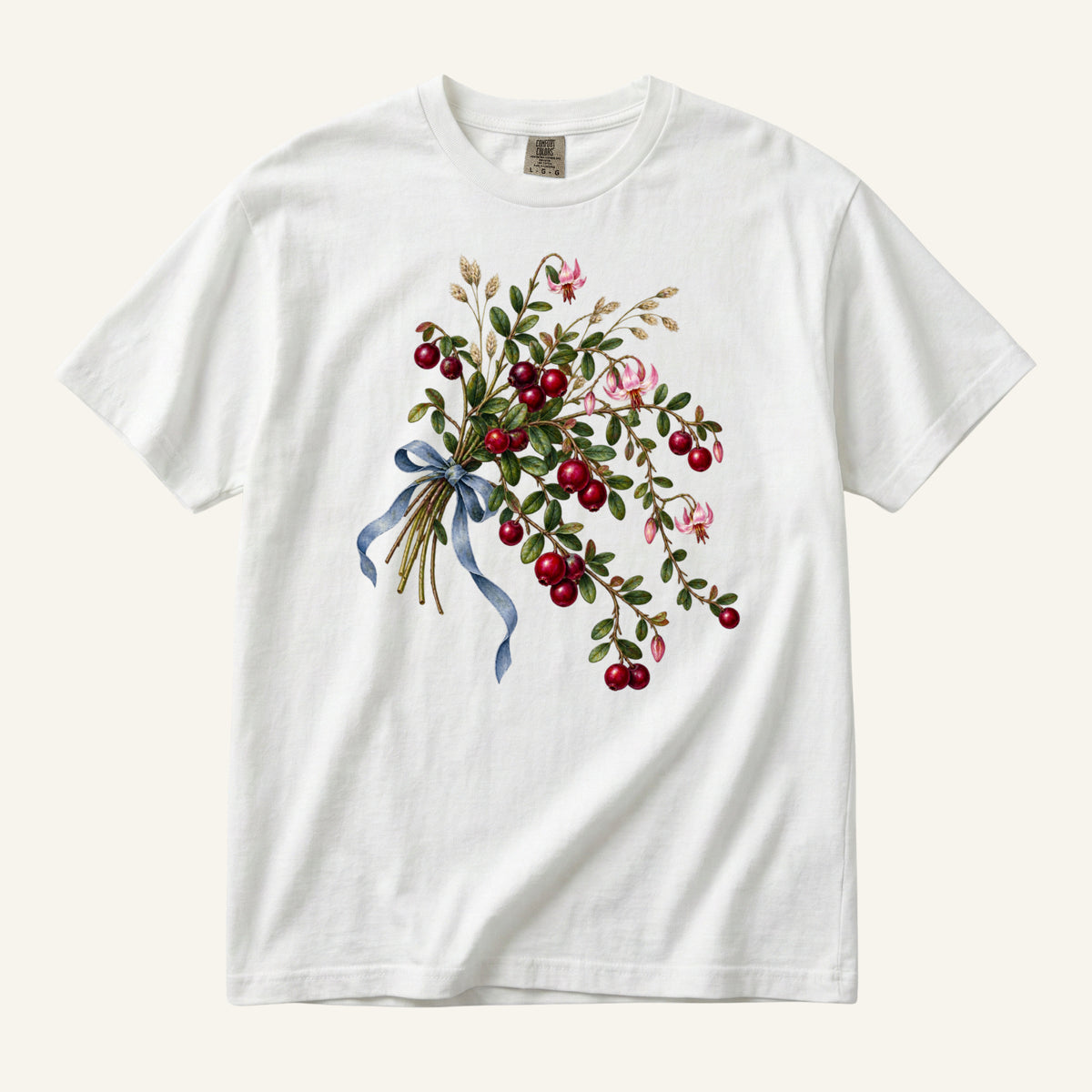 Red Berry & Blue Ribbon T-Shirt in White — botanical bouquet with golden stems, clearest contrast