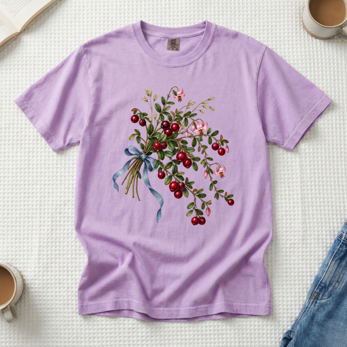 Red Berry & Blue Ribbon T-Shirt in Orchid — vintage botanical keepsake bouquet, made to order in the USA